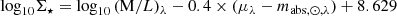 $$ \begin{aligned} \mathrm{log}_{10} \Sigma _{\star } = \log _{10} {(\mathrm M/L})_{\lambda } - 0.4 \times (\mu _{\lambda } - m_{\rm abs,\odot ,\lambda }) + 8.629 \end{aligned} $$