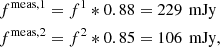 $$ \begin{aligned}&f^\mathrm{meas,1}=f^{1}*0.88=229\,\text{ mJy} \nonumber \\&f^\mathrm{meas,2} =f^{2}*0.85=106\,\text{ mJy}, \end{aligned} $$