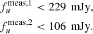 $$ \begin{aligned}&f^\mathrm{meas,1}_{u} <229\,\text{ mJy}, \nonumber \\&f^\mathrm{meas,2}_{u} < 106\,\text{ mJy}. \end{aligned} $$