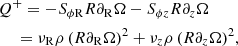 $$ \begin{aligned}&Q^+ = -S_{\phi \mathrm R} R \partial _{\rm R} \Omega -S_{\phi z} R \partial _z \Omega \nonumber \\&\quad \ = \nu _{\rm R} \rho \, (R \partial _{\rm R} \Omega )^2 + \nu _z \rho \, (R \partial _z \Omega )^2, \end{aligned} $$