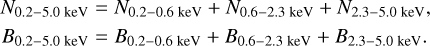 $\matrix{ {{N_{0.2 - 5.0{\rm{keV}}}} = {N_{0.2 - 0.6{\rm{keV}}}} + {N_{0.6 - 2.3{\rm{keV}}}} + {N_{2.3 - 5.0{\rm{keV}}}},} \hfill \cr {{B_{0.2 - 5.0{\rm{keV}}}} = {B_{0.2 - 0.6{\rm{keV}}}} + {B_{0.6 - 2.3{\rm{keV}}}} + {B_{2.3 - 5.0{\rm{keV}}}}.} \hfill \cr } $