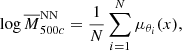 $$ \begin{aligned}&\log {\overline{M}_{500c}^\mathrm{NN}}=\frac{1}{N}\sum _{i=1}^N \mu _{\theta _i}(x),\end{aligned} $$
