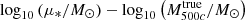 $ \log_{10}{\left(\mu_*/M_{\odot}\right)}-\log_{10}{\left(M^{\mathrm{true}}_{500c}/M_{\odot}\right)} $