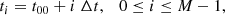 $$ \begin{aligned} t_i = t_{00} + i\ \Delta t , \quad 0 \le i \le M-1 , \end{aligned} $$