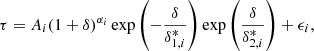$$ \begin{aligned} \tau = A_i(1+\delta )^{\alpha _i} \exp \left(-\frac{\delta }{\delta ^*_{1,i}}\right)\exp \left(\frac{\delta }{\delta ^*_{2,i}}\right) + \epsilon _i , \end{aligned} $$
