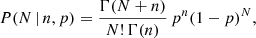 $$ \begin{aligned} P(N \, | \, n,p) = \frac{\Gamma (N+n)}{N! \, \Gamma (n)} \, p^n(1-p)^N, \end{aligned} $$