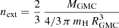 $$ \begin{aligned} n_{\rm ext} = \frac{2}{3}\,\dfrac{M_{\rm GMC}}{4/3\,\pi \,m_{\rm H}\,R_{\rm GMC}^3} \end{aligned} $$