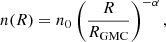 $$ \begin{aligned} n(R) = n_{0} \left(\dfrac{R}{R_{\rm GMC}}\right)^{-\alpha }, \end{aligned} $$