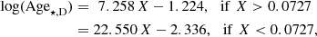 $$ \begin{aligned} \log (\mathrm{Age}_{\star ,\mathrm{D}})&= \,\, 7.258\, X - 1.224, \,\,\,\, \mathrm{if} \,\,X > 0.0727 \nonumber \\&= 22.550\, X - 2.336, \,\,\,\, \mathrm{if} \,\,X < 0.0727, \end{aligned} $$