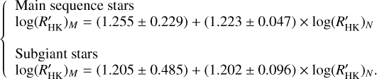 $\left\{ {\matrix{ {{\rm{ Main sequence stars }}} \hfill \cr {\log {{\left( {{{R'}_{{\rm{HK}}}}} \right)}_M} = (1.255 \pm 0.229) + (1.223 \pm 0.047) \times \log {{\left( {{{R'}_{{\rm{HK}}}}} \right)}_N}} \hfill \cr {{\rm{ Subgiant stars }}} \hfill \cr {\log {{\left( {{{R'}_{{\rm{HK}}}}} \right)}_M} = (1.205 \pm 0.485) + (1.202 \pm 0.096) \times \log {{\left( {{{R'}_{{\rm{HK}}}}} \right)}_N}.} \hfill \cr } } \right.$
