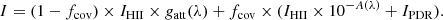 $$ \begin{aligned} I = (1-f_\mathrm{cov} )\times I_{\rm HII}\times g_\mathrm{att} (\lambda ) + f_\mathrm{cov} \times ( I_\mathrm{HII} \times 10^{-A(\lambda )} + I_\mathrm{PDR} ). \end{aligned} $$