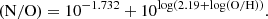 $$ \begin{aligned}&(\mathrm{N/O}) = 10^{-1.732} + 10^{\log (2.19 + \log (\mathrm{O/H})) } . \end{aligned} $$