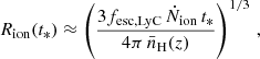 $$ \begin{aligned} R_{\rm ion} (t_*) \approx \left( \frac{3 f_{\rm esc, LyC} \, \dot{N}_{\rm ion} \, t_*}{4 \pi \, \bar{n}_{\rm H} (z)} \right)^{1/3} \, , \end{aligned} $$