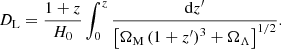 $$ \begin{aligned} D_{\rm L}=\frac{1+z}{H_{0}} \int _{0}^{z} \frac{\mathrm{d} z^{\prime }}{\left[\Omega _{\rm M}\left(1+z^{\prime }\right)^{3}+\Omega _{\Lambda }\right]^{1 / 2}}. \end{aligned} $$