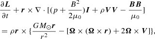 $$ \begin{aligned}&\frac{\partial \boldsymbol{L}}{\partial {t}}+\boldsymbol{r}\times \nabla \cdot [(p+\frac{B^2}{2\mu _0})\boldsymbol{I}+\rho \boldsymbol{V}\boldsymbol{V}-\frac{\boldsymbol{B}\boldsymbol{B}}{\mu _0}]\nonumber \\&=\rho \boldsymbol{r}\times \{\frac{GM_\odot \boldsymbol{r}}{r^2}-[\boldsymbol{\Omega }\times (\boldsymbol{\Omega }\times {\boldsymbol{r}})+2\boldsymbol{\Omega }\times {\boldsymbol{V}}]\} , \end{aligned} $$