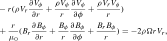 $$ \begin{aligned}&-r(\rho {V_r}\frac{\partial {V_\phi }}{\partial {r}}+\frac{\rho {V_\phi }}{r}\frac{\partial {V_\phi }}{\partial \phi }+\frac{\rho {V_r}V_\phi }{r})\nonumber \\&+\frac{r}{\mu _0}(B_r\frac{\partial {B_\phi }}{\partial {r}}+\frac{B_\phi }{r}\frac{\partial {B_\phi }}{\partial \phi }+\frac{B_rB_\phi }{r})=-2\rho \Omega {r}V_r , \end{aligned} $$
