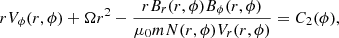 $$ \begin{aligned} rV_\phi (r,\phi )+\Omega {r^2}-\frac{rB_r(r,\phi )B_\phi (r,\phi )}{\mu _0mN(r,\phi )V_r(r,\phi )}=C_2(\phi ) , \end{aligned} $$