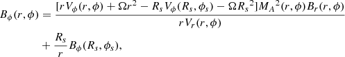 $$ \begin{aligned} B_\phi (r,\phi )&=\frac{[rV_\phi (r,\phi )+\Omega {r^2}-R_sV_\phi (R_s,\phi _s)-\Omega {R_s}^2]{M_A}^2(r,\phi )B_r(r,\phi )}{rV_r(r,\phi )}\nonumber \\&+\frac{R_s}{r}B_\phi (R_s,\phi _s) , \end{aligned} $$
