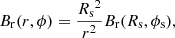 $$ \begin{aligned}&B_{\rm r}(r,\phi )=\frac{{R_{\rm s}}^2}{r^2}B_{\rm r}(R_{\rm s},\phi _{\rm s}) ,\end{aligned} $$