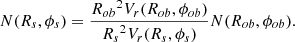 $$ \begin{aligned} N(R_s,\phi _s)=\frac{{R_{ob}}^2V_r(R_{ob},\phi _{ob})}{{R_s}^2V_r(R_s,\phi _s)}N(R_{ob},\phi _{ob}) .\end{aligned} $$