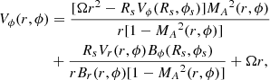 $$ \begin{aligned} V_\phi (r,\phi )&=\frac{[\Omega {r}^2-R_sV_\phi (R_s,\phi _s)]{M_A}^2(r,\phi )}{r[1-{M_A}^2(r,\phi )]}\nonumber \\&+\frac{R_sV_r(r,\phi )B_\phi (R_s,\phi _s)}{rB_r(r,\phi )[1-{M_A}^2(r,\phi )]}+\Omega {r} , \end{aligned} $$