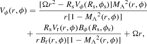 $$ \begin{aligned}&V_\phi (r,\phi ) =\frac{[\Omega {r}^2-R_{\rm s}V_\phi (R_{\rm s},\phi _{\rm s})]{M_{\rm A}}^2(r,\phi )}{r[1-{M_{\rm A}}^2(r,\phi )]} \nonumber \\&\qquad \qquad +\frac{R_{\rm s}V_{\rm r}(r,\phi )B_\phi (R_{\rm s},\phi _{\rm s})}{rB_{\rm r}(r,\phi )[1-{M_{\rm A}}^2(r,\phi )]}+\Omega {r} ,\end{aligned} $$