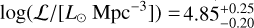 $\log \left( {{\cal L}/\left[ {{L_ \odot }{\rm{Mp}}{{\rm{c}}^{ - 3}}} \right]} \right) = 4.85_{ - 0.20}^{ + 0.25}$