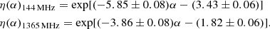 $$ \begin{aligned} \nonumber&\eta (\alpha )_{144\,\mathrm{MHz}} = \exp [(-5.85\pm 0.08) \alpha -(3.43\pm 0.06)]\\&\eta (\alpha )_{1365\,\mathrm{MHz}} = \exp [(-3.86\pm 0.08) \alpha -(1.82\pm 0.06)]. \end{aligned} $$
