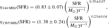 $$ \begin{aligned} \nonumber&\eta _{\rm 144\,MHz}({\mathrm{SFR}}) = (0.83\pm 0.07) \left(\frac{{\mathrm{SFR}}}{M_\odot \,\mathrm{yr}^{-1}}\right)^{0.35\pm 0.07},\\&\eta _{\rm 1365\,MHz}({\mathrm{SFR}}) = (1.38\pm 0.24) \left(\frac{{\mathrm{SFR}}}{M_\odot \,\mathrm{yr}^{-1}}\right)^{0.23\pm 0.04}. \end{aligned} $$