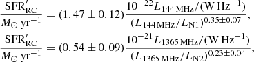 $$ \begin{aligned} \nonumber&\frac{\mathrm{SFR}_{\text{RC}}^\prime }{M_\odot \,\mathrm{yr}^{-1}} = (1.47\pm 0.12) \frac{10^{-22} L_{144\,\mathrm{MHz}}/({\mathrm{W\,Hz}^{-1}})}{(L_{144\,\mathrm{MHz}}/L_{\rm N1})^{0.35\pm 0.07}},\\&\frac{\mathrm{SFR}_{\text{RC}}^\prime }{M_\odot \,\mathrm{yr}^{-1}} = (0.54\pm 0.09) \frac{10^{-21} L_{1365\,\mathrm{MHz}}/({\mathrm{W\,Hz}^{-1}})}{(L_{1365\,\mathrm{MHz}}/L_{\rm N2})^{0.23\pm 0.04}}, \end{aligned} $$