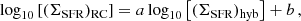 $$ \begin{aligned} \log _{10} \left[ (\Sigma _{\text{SFR}})_{\text{RC}} \right] = a \log _{10} \left[ (\Sigma _{\text{SFR}})_{\text{hyb}} \right] + b \,, \end{aligned} $$