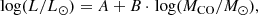 $$ \begin{aligned} \log (L/{L_\odot }) = A + B \,{\cdot }\,\log (M_{\rm CO}/{M_\odot }), \end{aligned} $$