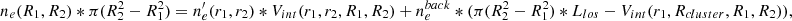 $$ \begin{aligned} n_e(R_1,R_2)*\pi (R_2^2-R_1^2)=n_e^{\prime }(r_1,r_2)*V_{int}(r_1,r_2,R_1,R_2)+n_e^{back}*(\pi (R_2^2-R_1^2)*L_{los}-V_{int}(r_1,R_{cluster},R_1,R_2)), \end{aligned} $$