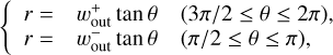 $\{ \matrix {r = } \hfill & {w_{{\rm{out}}}^ + \tan \theta } \hfill & {(3\pi /2 \le \theta \le 2\pi ),} \hfill \cr {r = } \hfill & {w_{{\rm{out}}}^ - \tan \theta } \hfill & {(\pi /2 \le \theta \le \pi ),} \hfill \cr } $