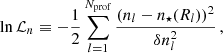 $$ \begin{aligned} \ln \mathcal{L} _{n} \equiv -\frac{1}{2} \sum ^{N_{\rm prof}}_{l=1} \frac{(n_l - n_{\star }(R_l) )^2}{\delta n_l^2}\,, \end{aligned} $$