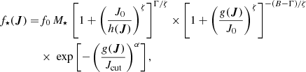 $$ \begin{aligned} f_\star (\boldsymbol{J}) =&f_0\,M_\star \,\left[ 1+\left(\frac{J_0}{h(\boldsymbol{J})} \right)^{\zeta }\right]^{\Gamma /\zeta } \times \left[ 1+\left(\frac{g(\boldsymbol{J})}{J_0} \right)^{\zeta }\right]^{-(B-\Gamma )/\zeta } \nonumber \\&\times \text{ exp}\,{\left[-\left(\frac{g(\boldsymbol{J})}{J_\text{cut}} \right)^{\alpha } \right]}\,, \end{aligned} $$