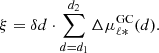 $$ \begin{aligned} \xi = \delta d \cdot \sum _{d = d_1}^{d_2} \Delta \mu _{\ell *}^\mathrm{GC} (d) . \end{aligned} $$