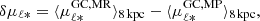 $$ \begin{aligned} \delta \mu _{\ell *} = \langle \mu _{\ell *}^\mathrm{GC,MR} \rangle _{8\,\mathrm{kpc} } - \langle \mu _{\ell *}^\mathrm{GC,MP} \rangle _{8\,\mathrm{kpc} } , \end{aligned} $$