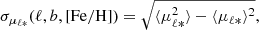 $$ \begin{aligned} \sigma _{\mu _{\ell *}}(\ell , b, [\mathrm{Fe/H} ]) = \sqrt{\langle \mu _{\ell *}^2\rangle - \langle \mu _{\ell *}\rangle ^2 } , \end{aligned} $$