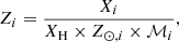 $$ \begin{aligned} Z_i = \frac{X_i}{X_{\rm H} \times Z_{\odot ,i} \times \mathcal{M} _i}, \end{aligned} $$