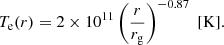 $$ \begin{aligned} T_{\rm e}(r) = 2 \times 10^{11} \left(\frac{r}{r_{\rm g}}\right)^{-0.87}\;\mathrm{[K]}. \end{aligned} $$