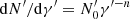 $ {\rm d}N^\prime/{\rm d}\gamma^\prime = N^\prime_0 \gamma^{\prime-n} $