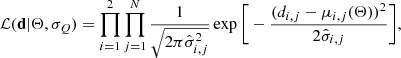 $$ \begin{aligned} \mathcal{L} (\mathbf d | \mathbf {\Theta} , \sigma _{Q}) = \prod _{i=1}^{2} \prod _{j=1}^{N} \frac{1}{\sqrt{2\pi \hat{\sigma }_{i,j}^{2}}} \exp \Bigg [-\frac{(d_{i,j} - \mu _{i,j}(\mathbf {\Theta} ))^{2}}{2\hat{\sigma }_{i,j}} \Bigg ], \end{aligned} $$