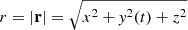 $ r = |\mathbf{r}| = \sqrt{x^{2} + \mathit{y}^{2}(t) + z^{2}} $