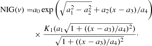 $$ \begin{aligned} \mathrm{NIG}(v) =&a_0 \exp \left(\sqrt{a_1^2-a_2^2} + a_2 (x-a_3)/a_4\right)\nonumber \\&\times \frac{K_{1}(a_1 \sqrt{1+((x-a_3)/a_4)^2})}{\sqrt{1+((x-a_3)/a_4)^2}}\cdot \end{aligned} $$