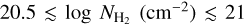 $20.5 \mathbin{\lower.3ex\hbox{$\buildrel<\over {\smash{\scriptstyle\sim}\vphantom{_x}}$}} \log {N_{{{\rm{H}}_2}}}\left( {{\rm{c}}{{\rm{m}}^{ - 2}}} \right) \mathbin{\lower.3ex\hbox{$\buildrel<\over {\smash{\scriptstyle\sim}\vphantom{_x}}$}} 21$