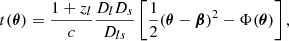 $$ \begin{aligned} t(\boldsymbol{\theta }) =\frac{1+z_l}{c}\frac{D_lD_s}{D_{ls}}\left[\frac{1}{2}(\boldsymbol{\theta }-\boldsymbol{\beta })^2-\Phi (\boldsymbol{\theta })\right], \end{aligned} $$