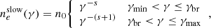 $$ \begin{aligned} n_e^\mathrm{slow}(\gamma )&= n_0 {\left\{ \begin{array}{ll} \gamma ^{-s}&\gamma _{\rm min}<\gamma \le \gamma _{\rm br} \\ \gamma ^{-(s+1)}&\gamma _{\rm br} < \gamma \le \gamma _{\rm max} \end{array}\right.} , \end{aligned} $$