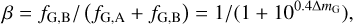 $\beta = {f_{{\rm{G}},{\rm{B}}}}/\left( {{f_{{\rm{G}},{\rm{A}}}} + {f_{{\rm{G}},{\rm{B}}}}} \right) = 1/\left( {1 + {{10}^{0.4\Delta {m_{\rm{G}}}}}} \right),$