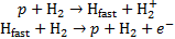 $\matrix{ {p + {{\rm{H}}_2} \to {{\rm{H}}_{{\rm{fast}}}} + {\rm{H}}_2^ + } \hfill \cr {{{\rm{H}}_{{\rm{fast}}}} + {{\rm{H}}_2} \to p + {{\rm{H}}_2} + {e^ - }} \hfill \cr } $